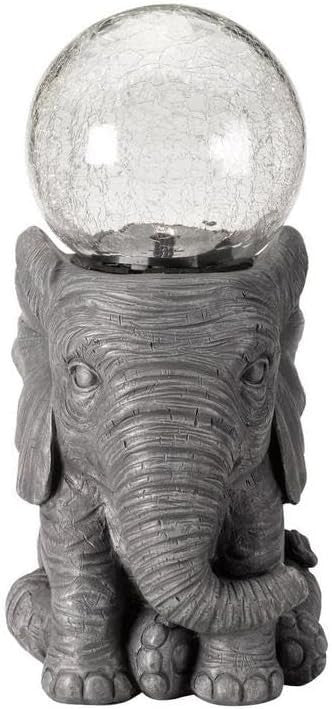 Solar Elephant Garden Ornament 37cm Crackle Ball LED Light Waterproof Outdoor