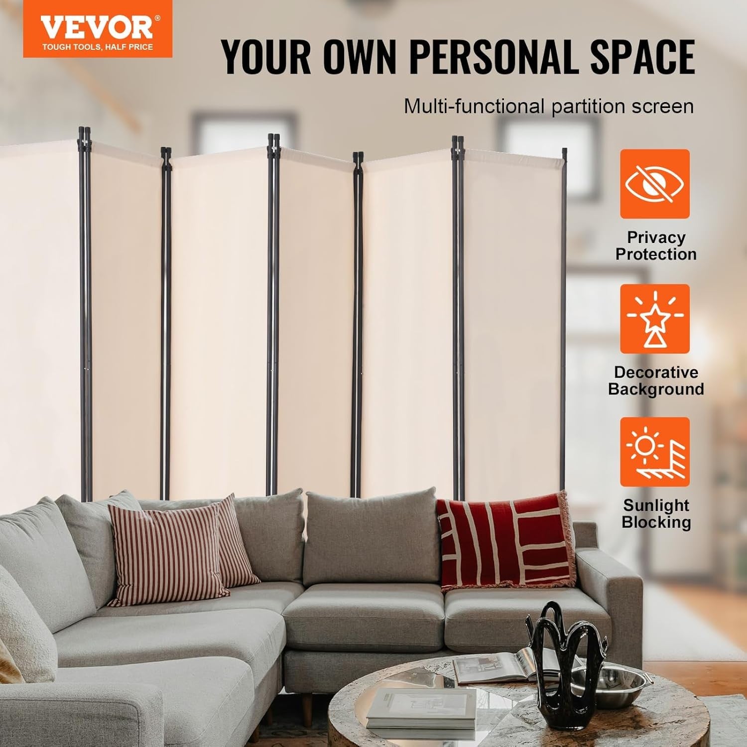 6 Panel Beige Folding Room Divider Privacy Screen Freestanding 317x181cm