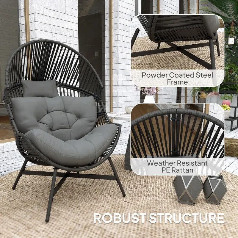 Outdoor Rattan Egg Chair with Cushion Headrest Patio Garden Lounge Seat
