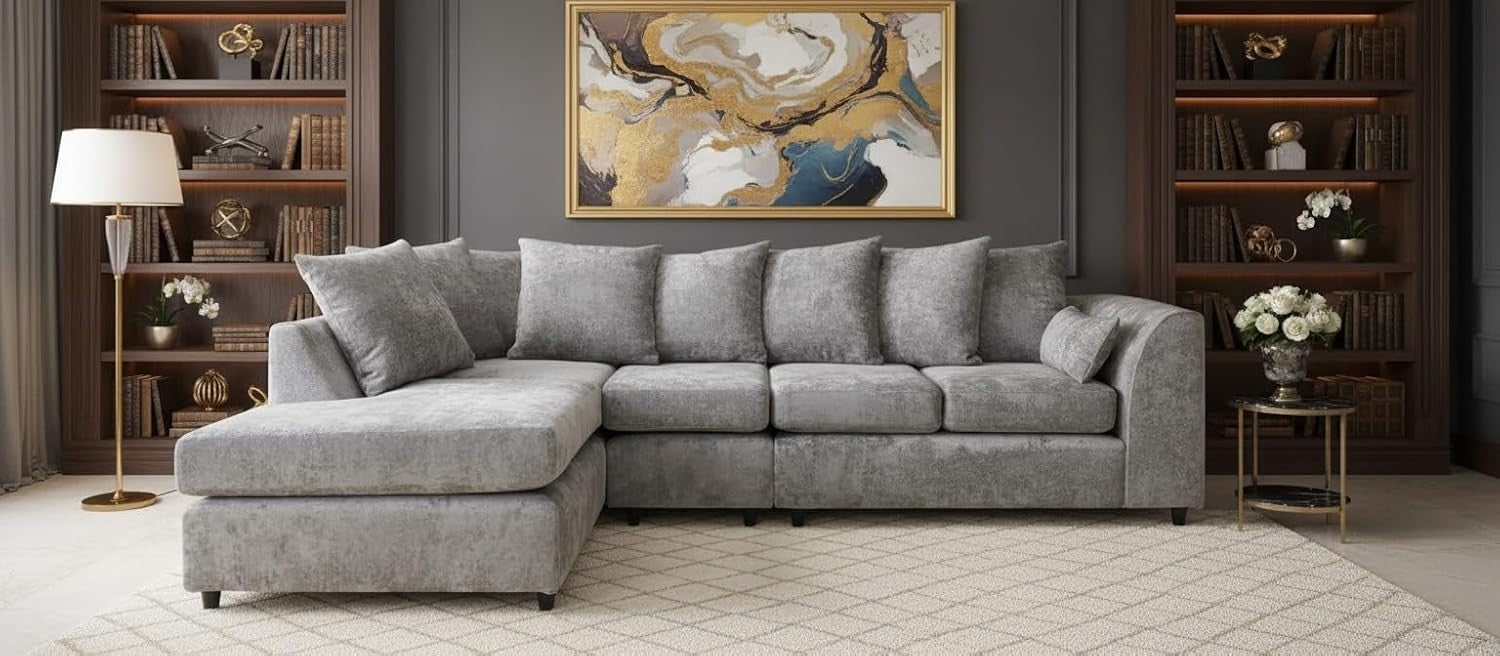 Alaska Corner Sofa Light Grey 5 Seater L Shape Couch Left Hand Fabric Suite