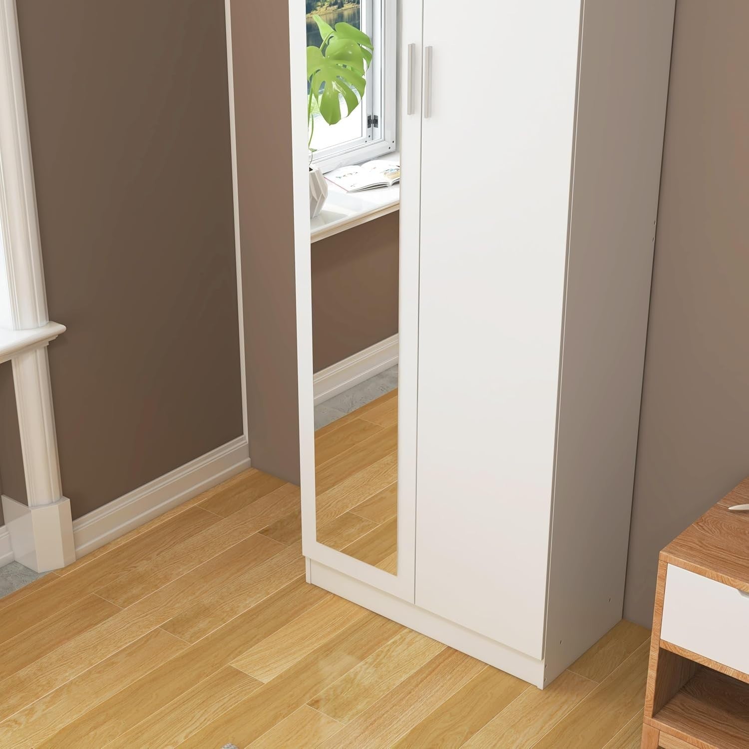 Tall White Mirrored Wardrobe 2 Door Closet Storage with Hanging Rail