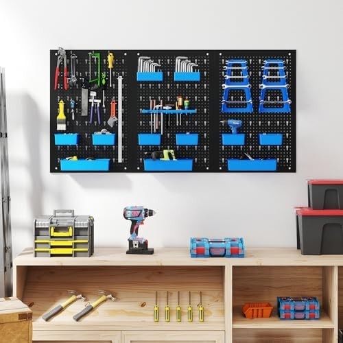 Black + Blue Wall-Mount Pegboard Kit 3 Boards with 26 Tool Accessories