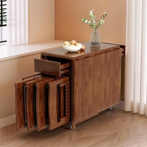 Space-Saving Folding Drop Leaf Dining Table with 6 Chairs Walnut Set
