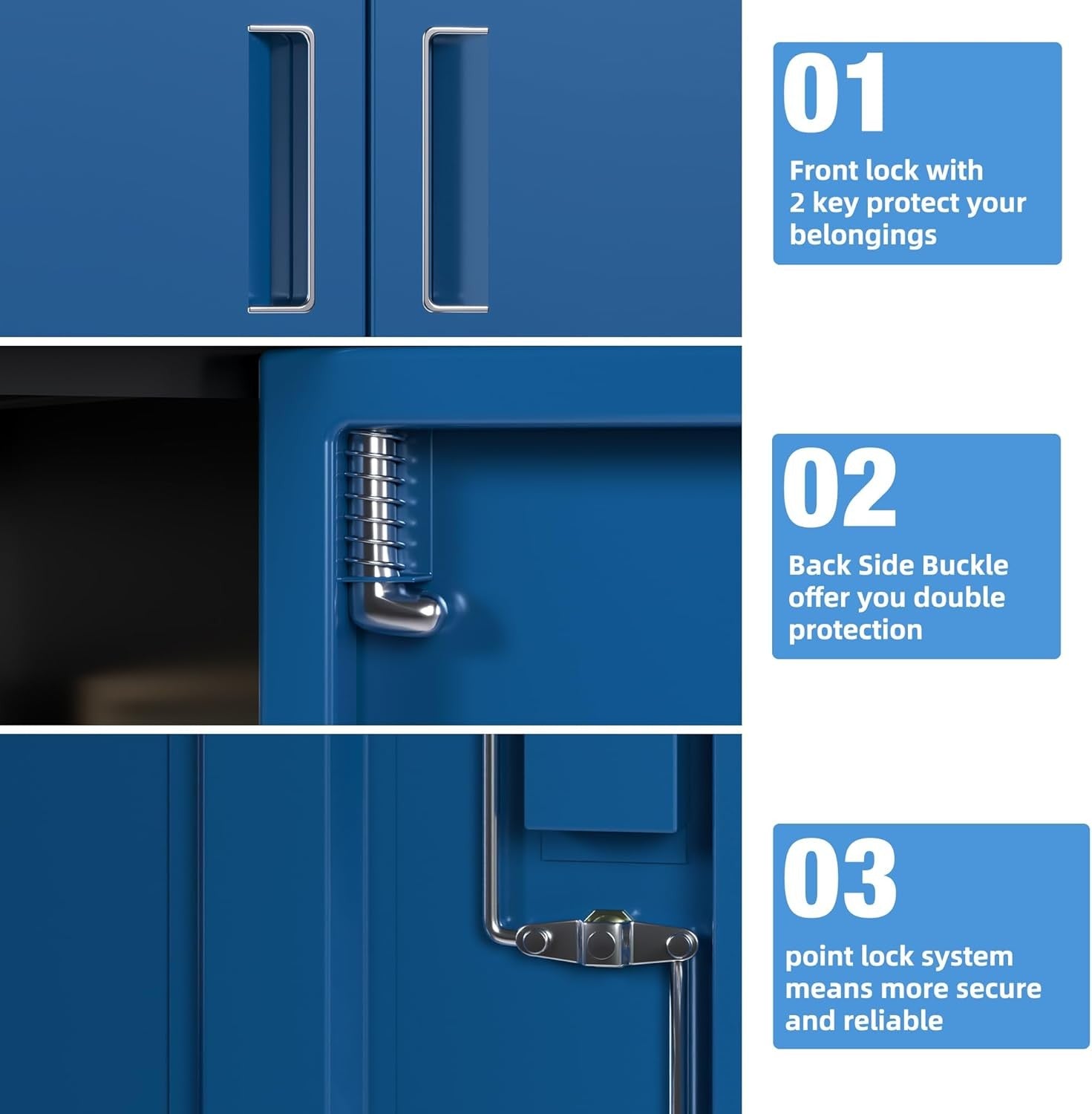 Metal Storage Cabinet 2 Door Lockable Cupboard 3 Adjustable Shelves Black Blue