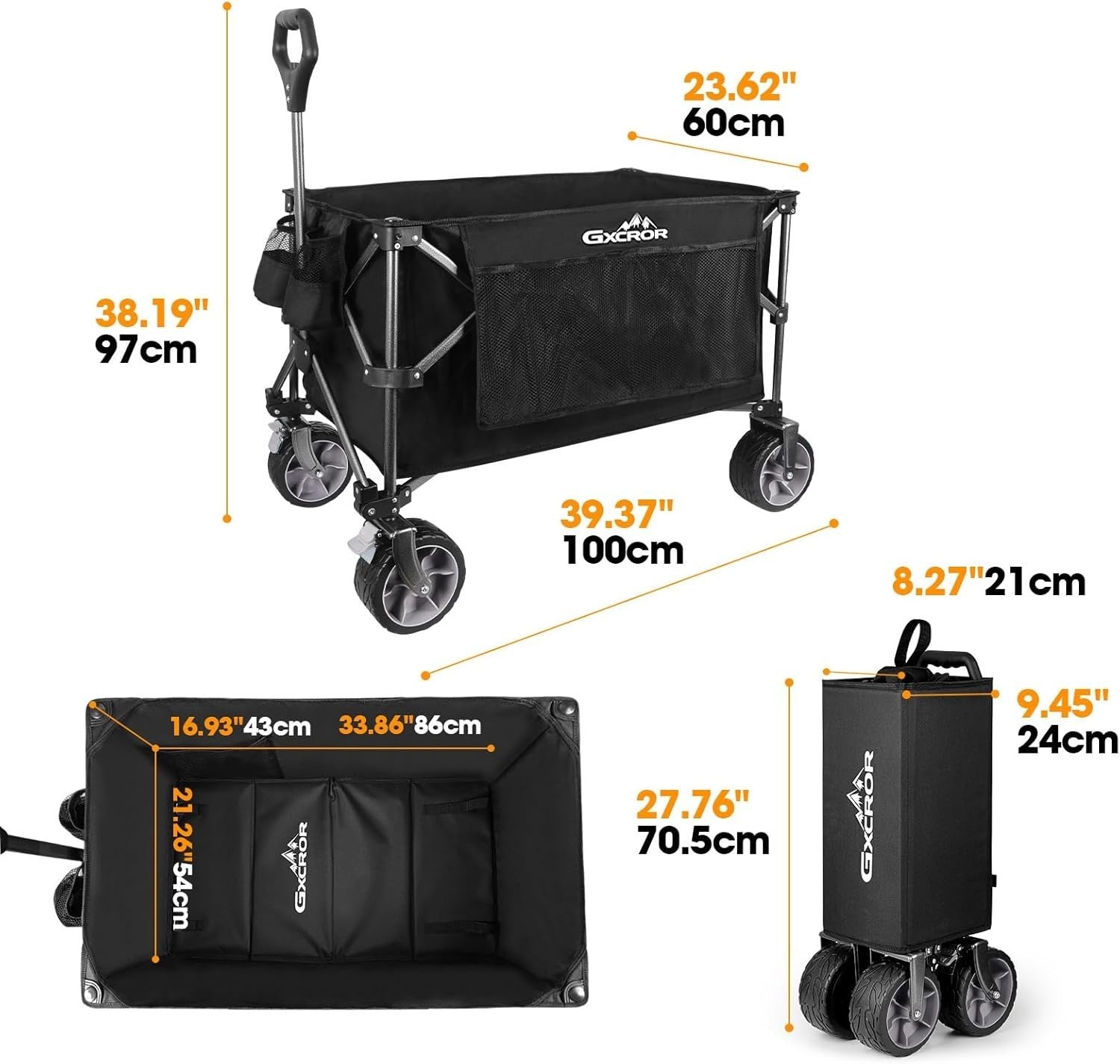 Black 200L Heavy Duty Folding Wagon 150kg Trolley Cart w/ Big Wheels & Brakes