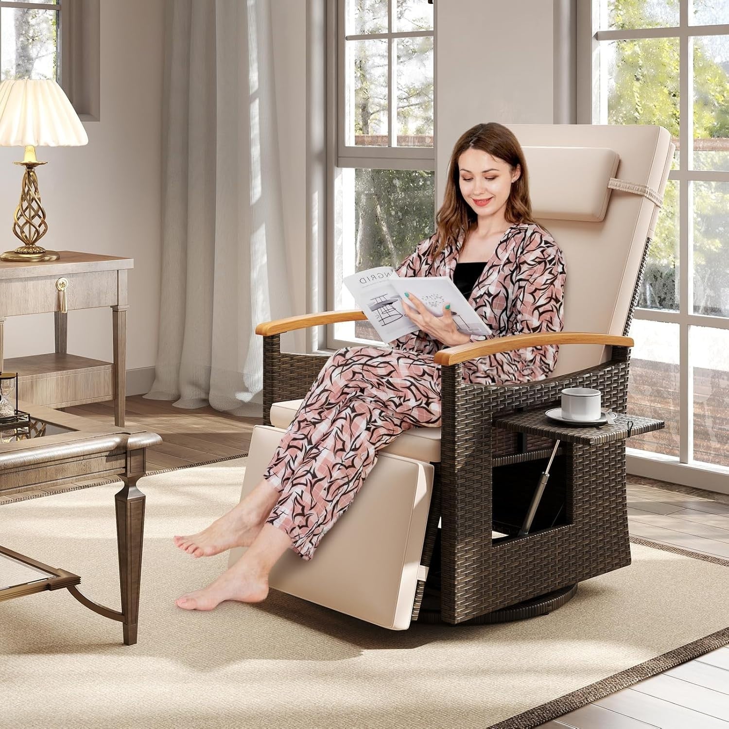 360° Swivel Rattan Recliner Chair with Footrest Side Table Garden Lounger