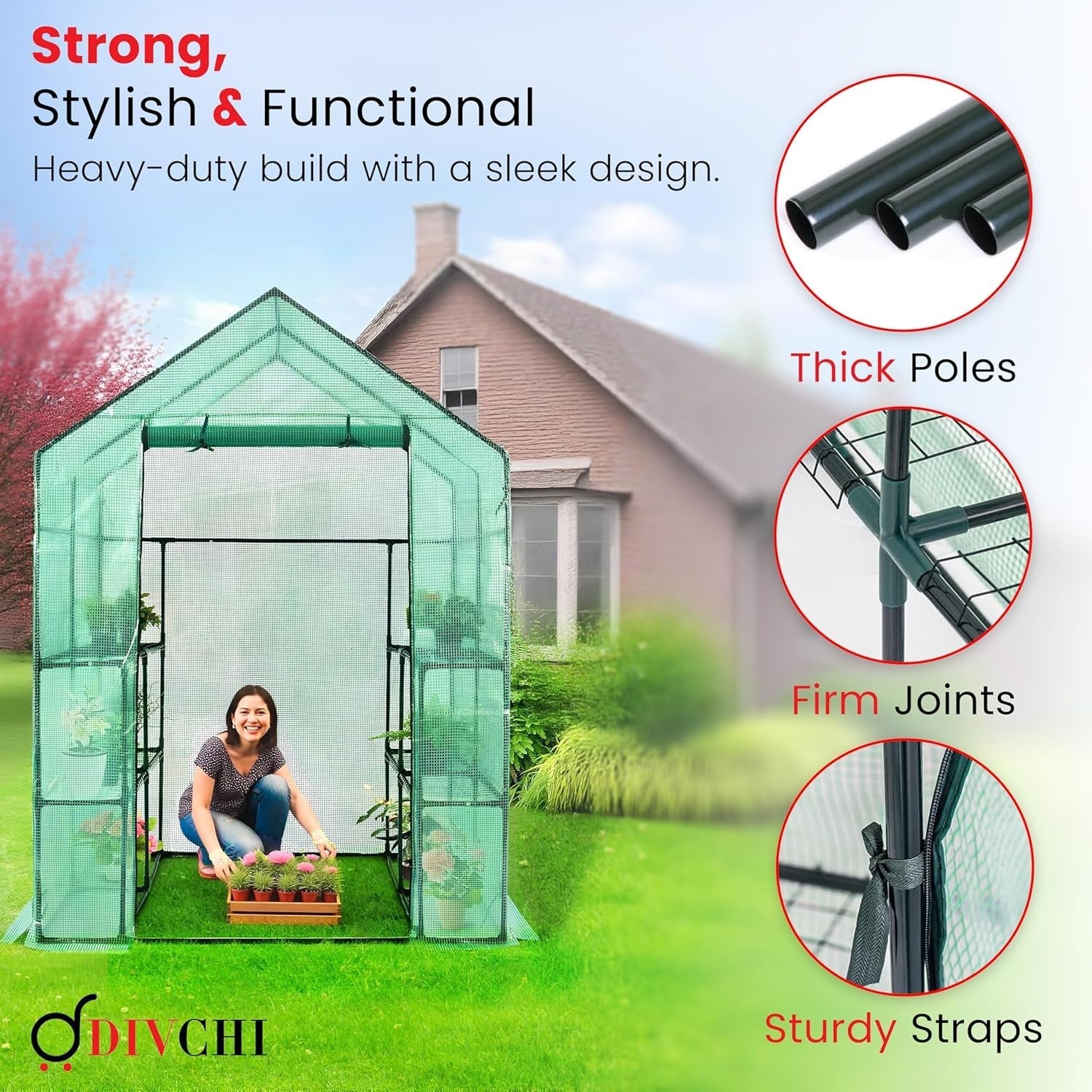 Walk-In Greenhouse 3 Tier 6 Shelves | Heavy Duty PE Cover Garden Growhouse
