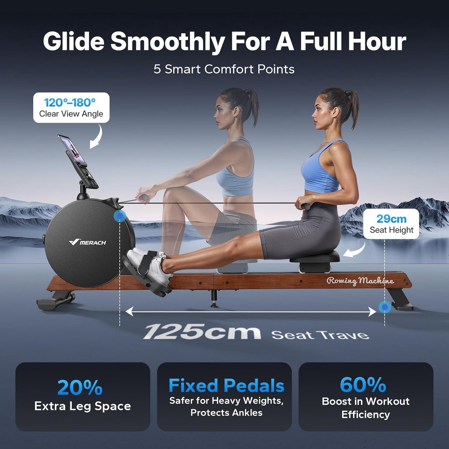 Self-Generated Rowing Machine 60kg Peak Resistance Dual Wooden Rail LED Smart