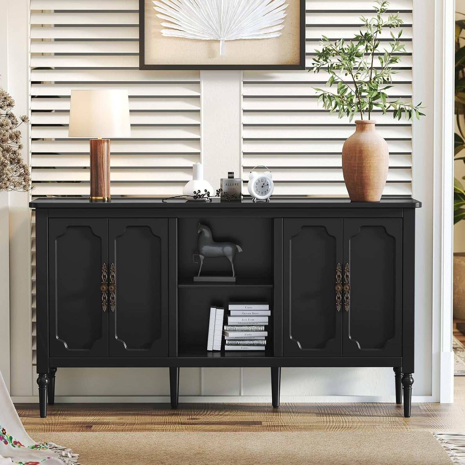 Black Wood Sideboard Cabinet 4 Door Gold Handle Buffet Storage Unit