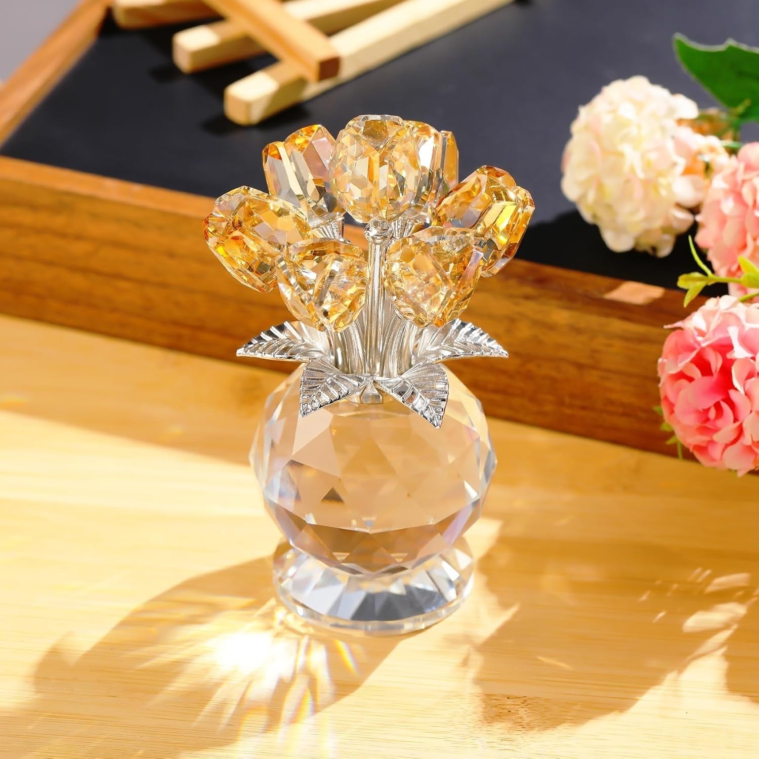 Crystal Tulip Flower Bouquet Ornament Gold – Luxury Glass Gift for Mum Wife