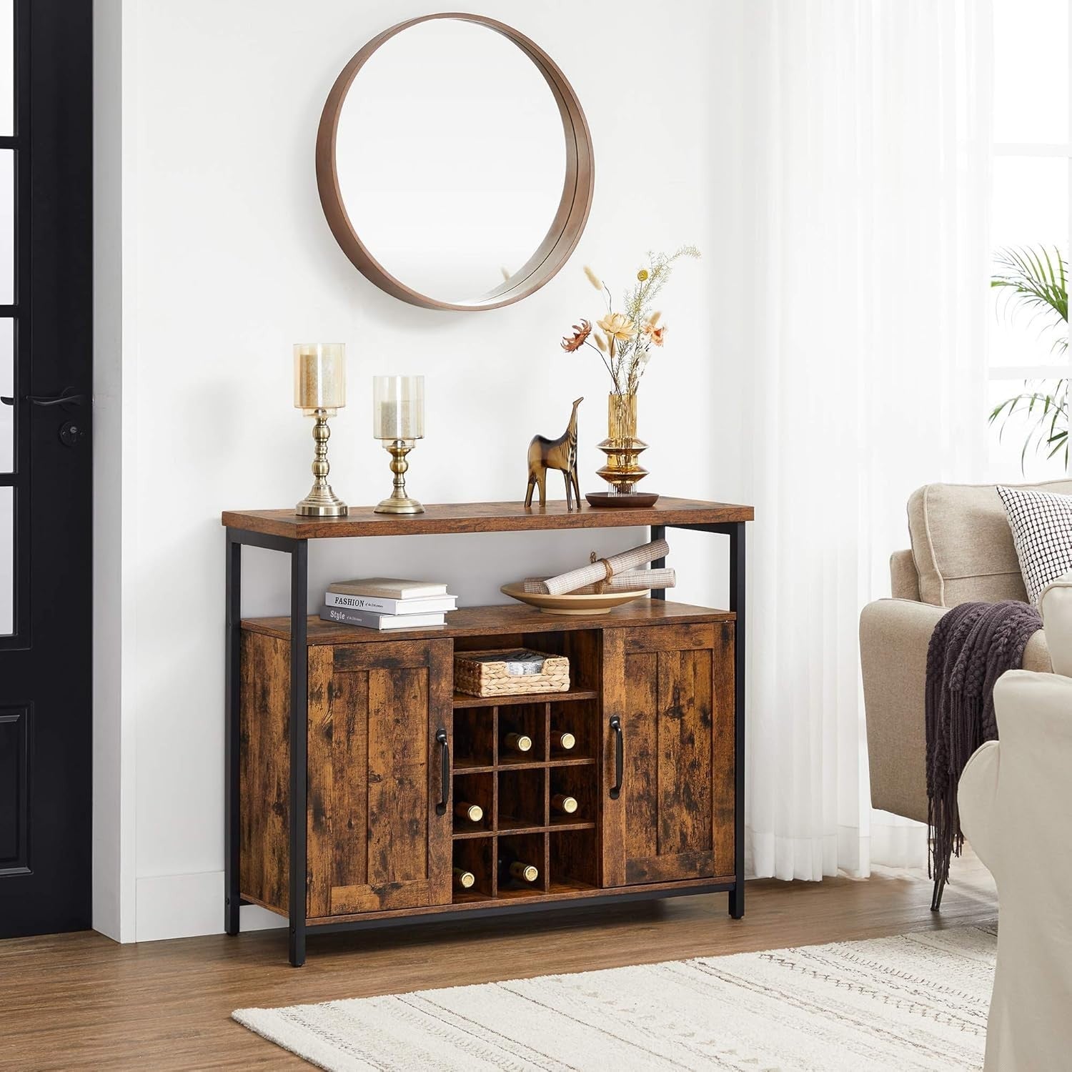 Rustic Sideboard Cabinet Wine Rack Buffet Table Storage for Kitchen Bar