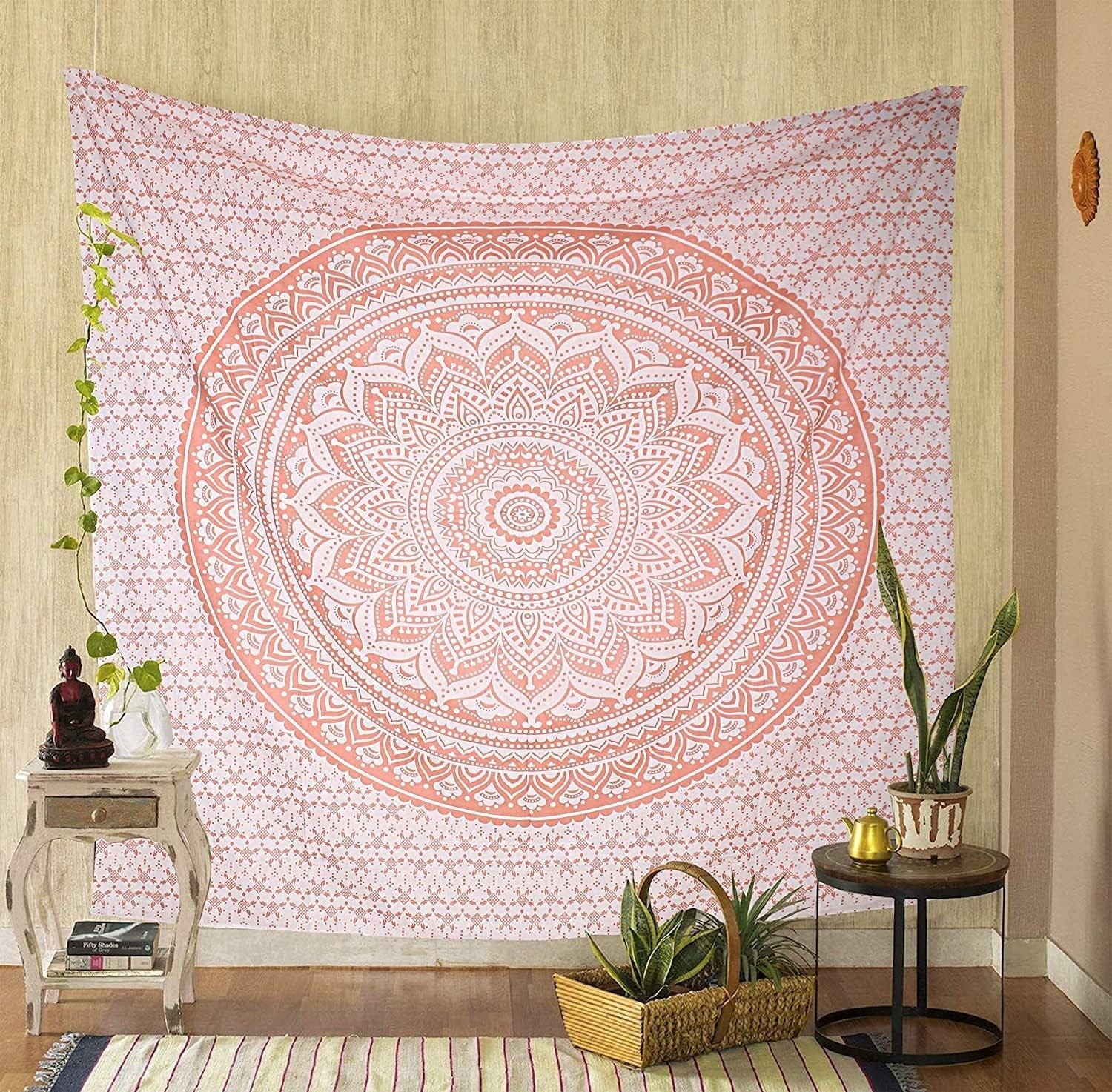 Boho White Rose Gold Mandala Tapestry 52x82" Cotton Wall Decor