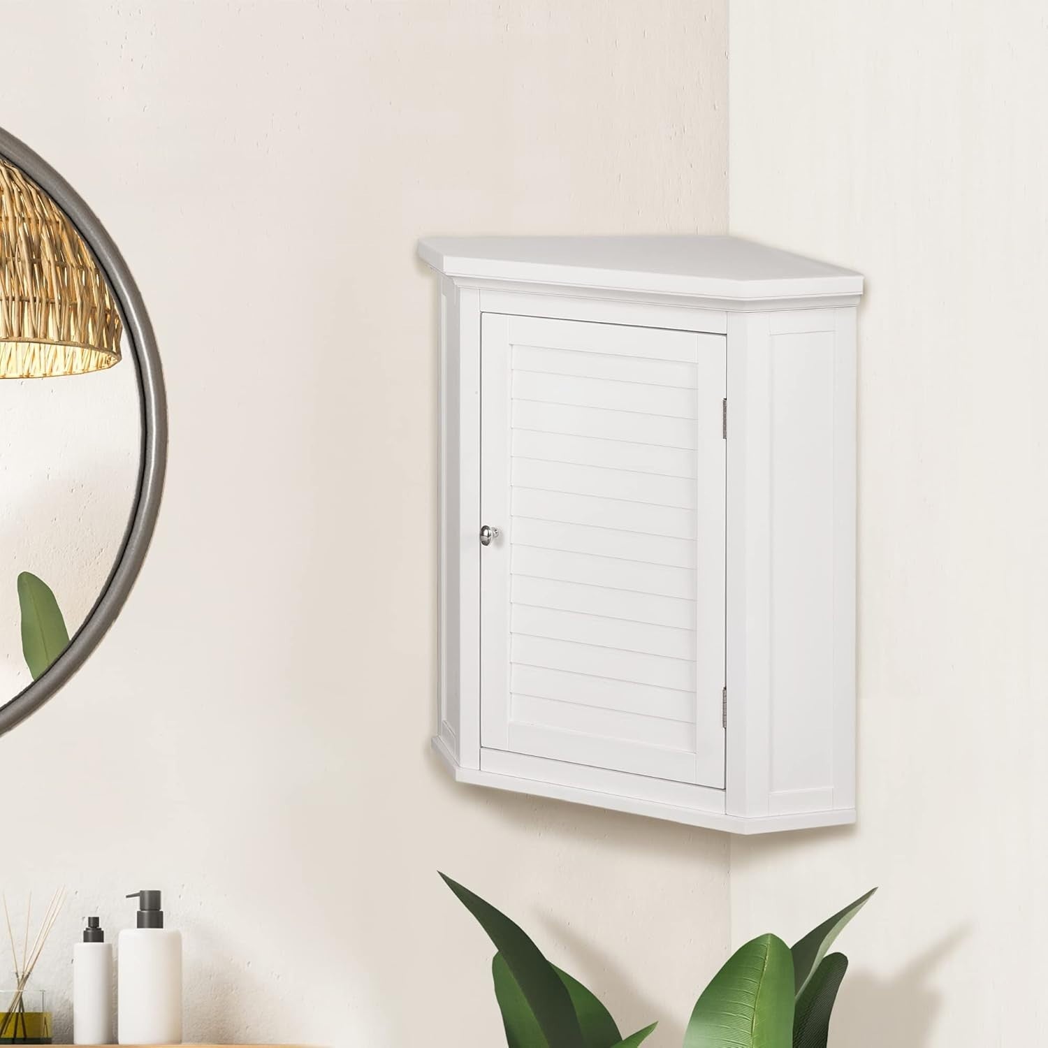 Corner Wall Bathroom Cabinet with Removable Shelf, Durable White Wood