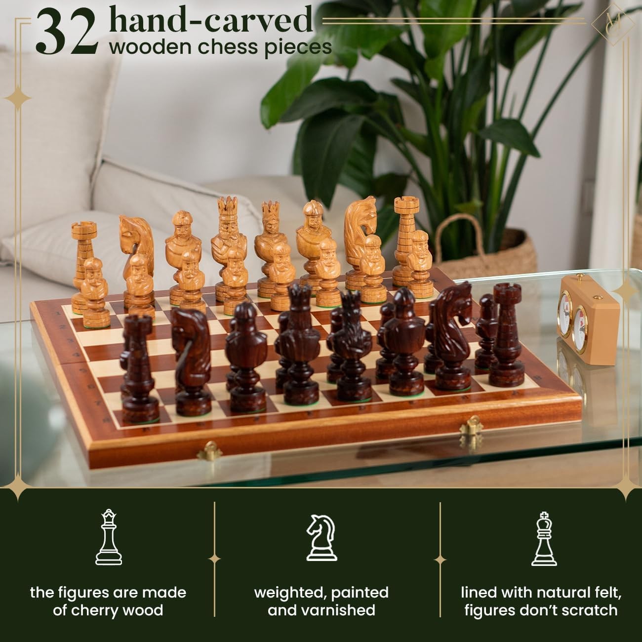 60cm Luxury Inlaid Wooden Chess Set – Large Hand-Carved Weighted Pieces