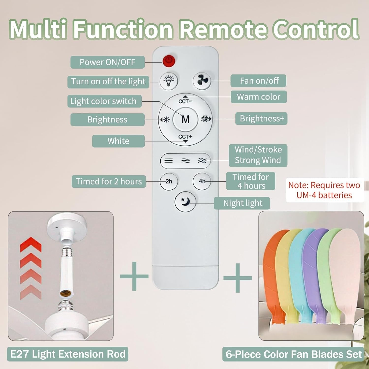 Socket Ceiling Fan with Light, Remote, E27 Base, Rainbow & White Blades, LED