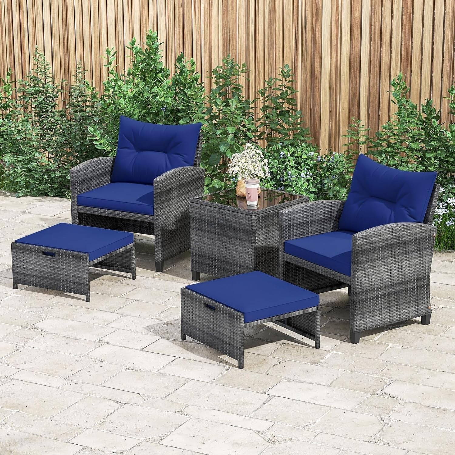 5 Piece Rattan Garden Furniture Set Navy Cushions Patio Sofa Chairs