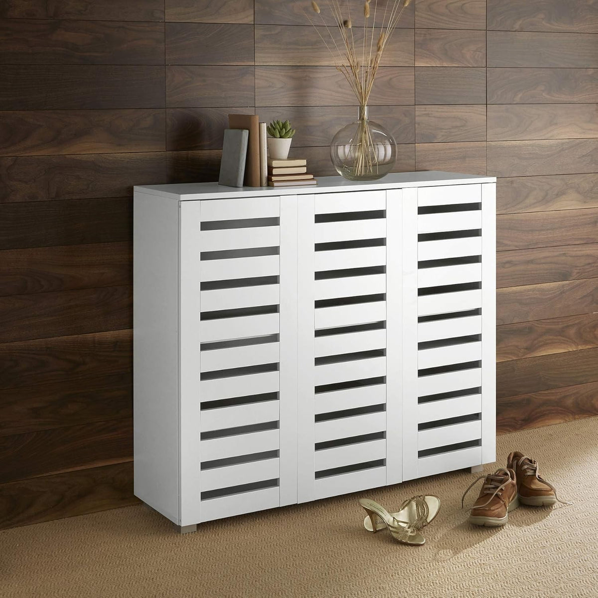 White 3 Door Wooden Shoe Cabinet with Slatted Doors, Large Hallway Cupboard
