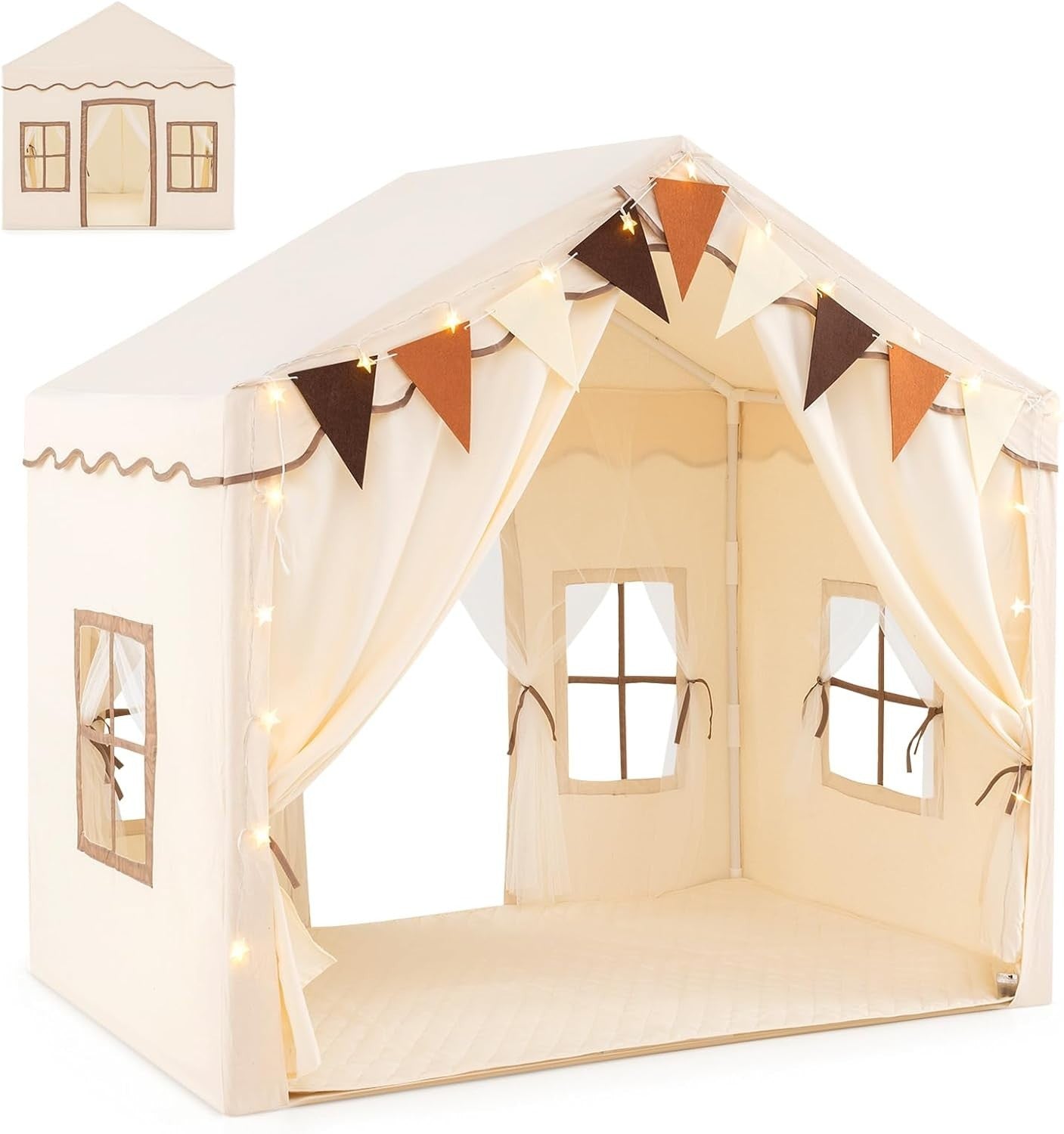 Beige Kids Castle Play Tent Indoor Outdoor w Lights Mat Doors