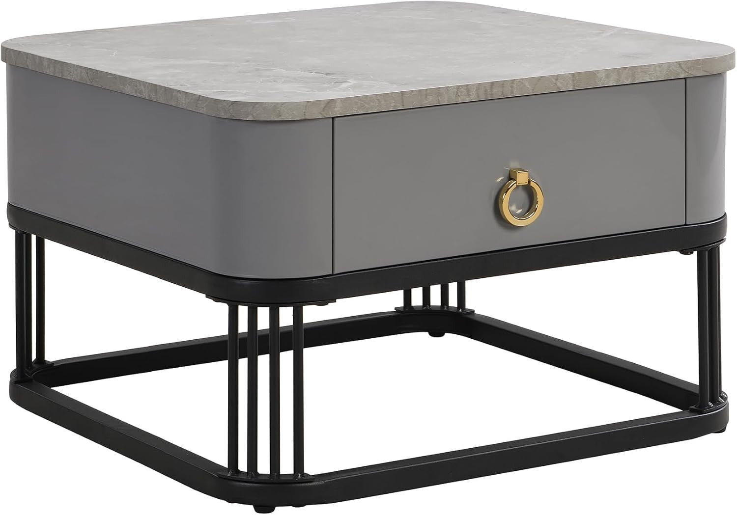 Modern Glass Nesting Coffee Table Set with Drawer – Marble & Black Frame