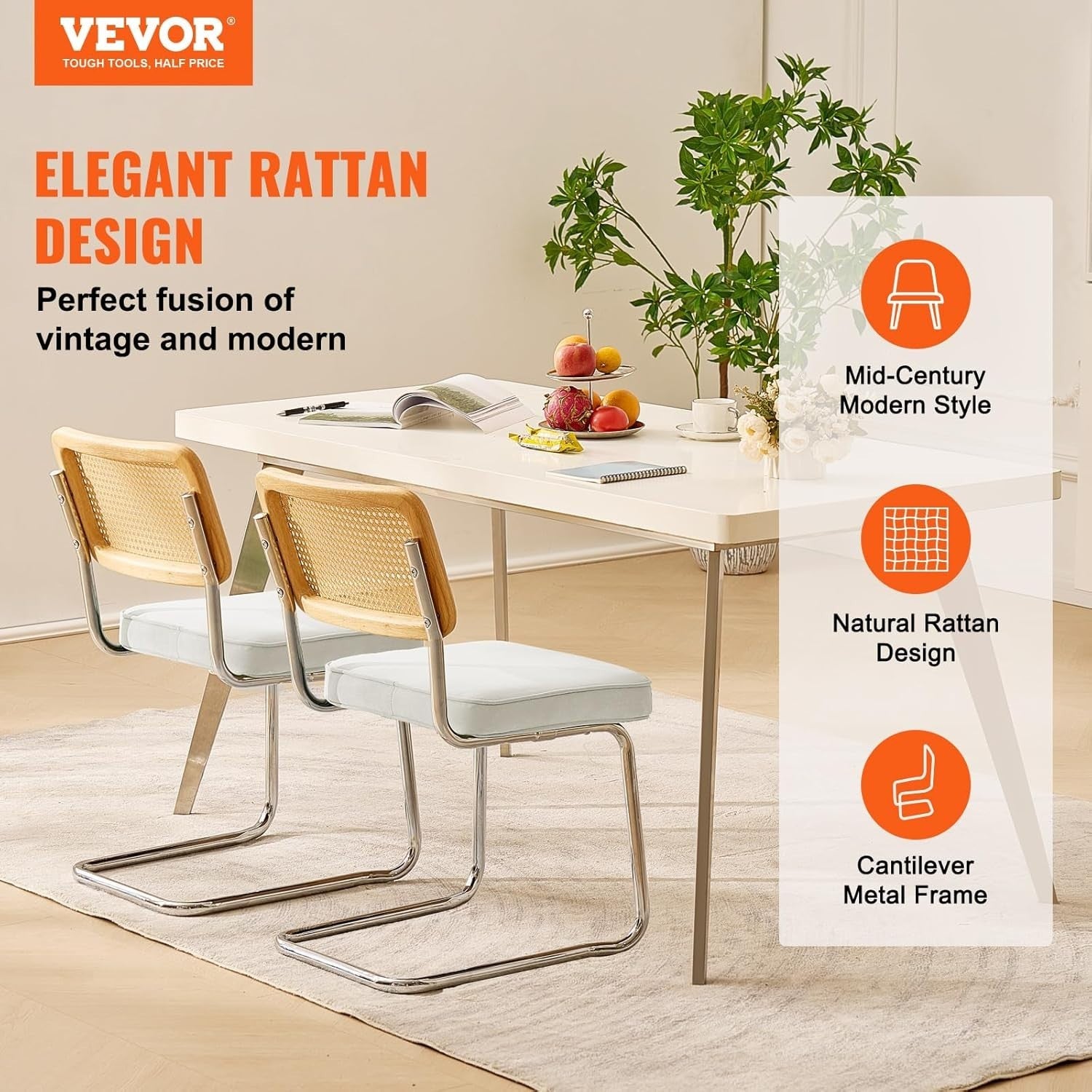 Set of 2 Rattan Dining Chairs Cushioned Modern Kitchen Seating White Upholstery