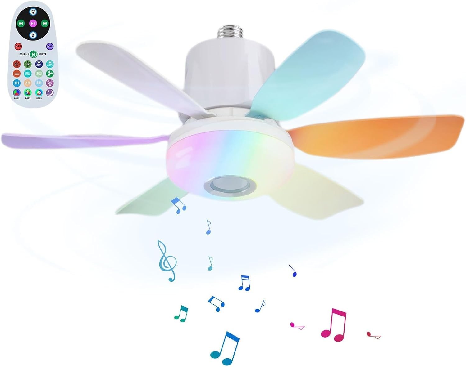 Lruvaqi 32W RGB Ceiling Fan Light, Dimmable LED, Bluetooth Music – Colorful