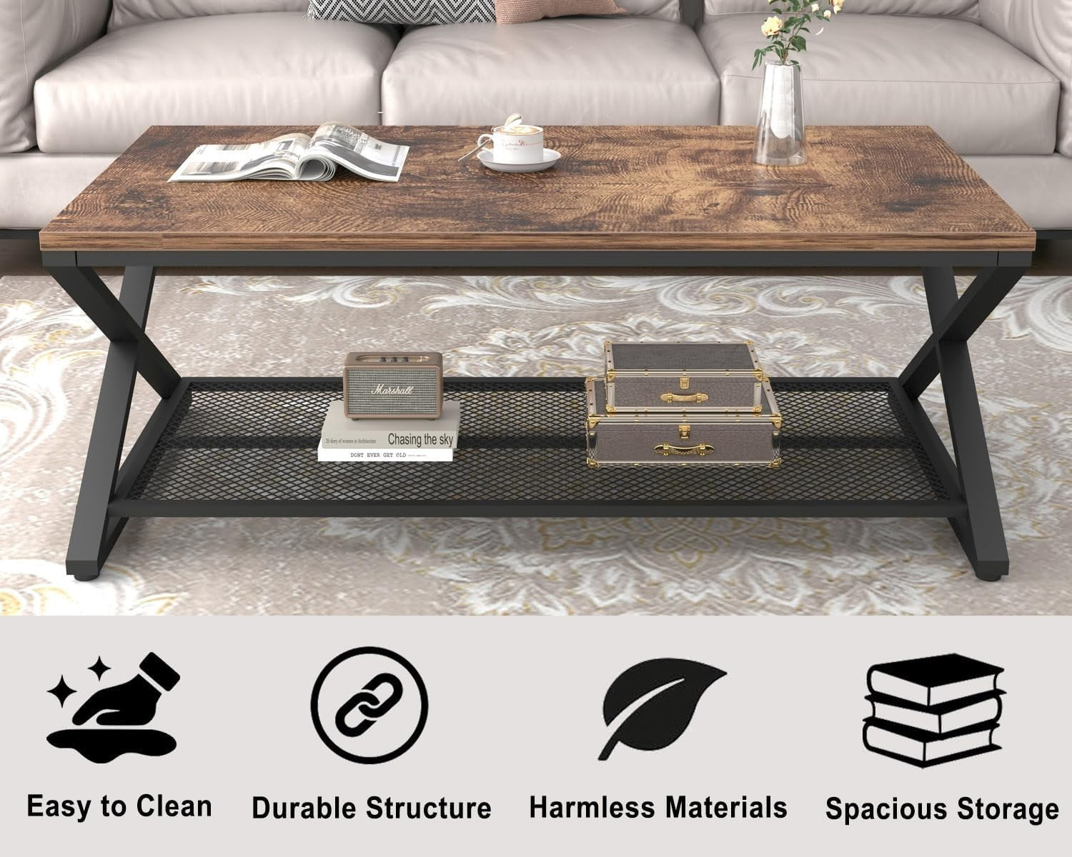 Rustic 2 Tier Coffee Table with Storage Shelf, Industrial Wood Metal Living Room