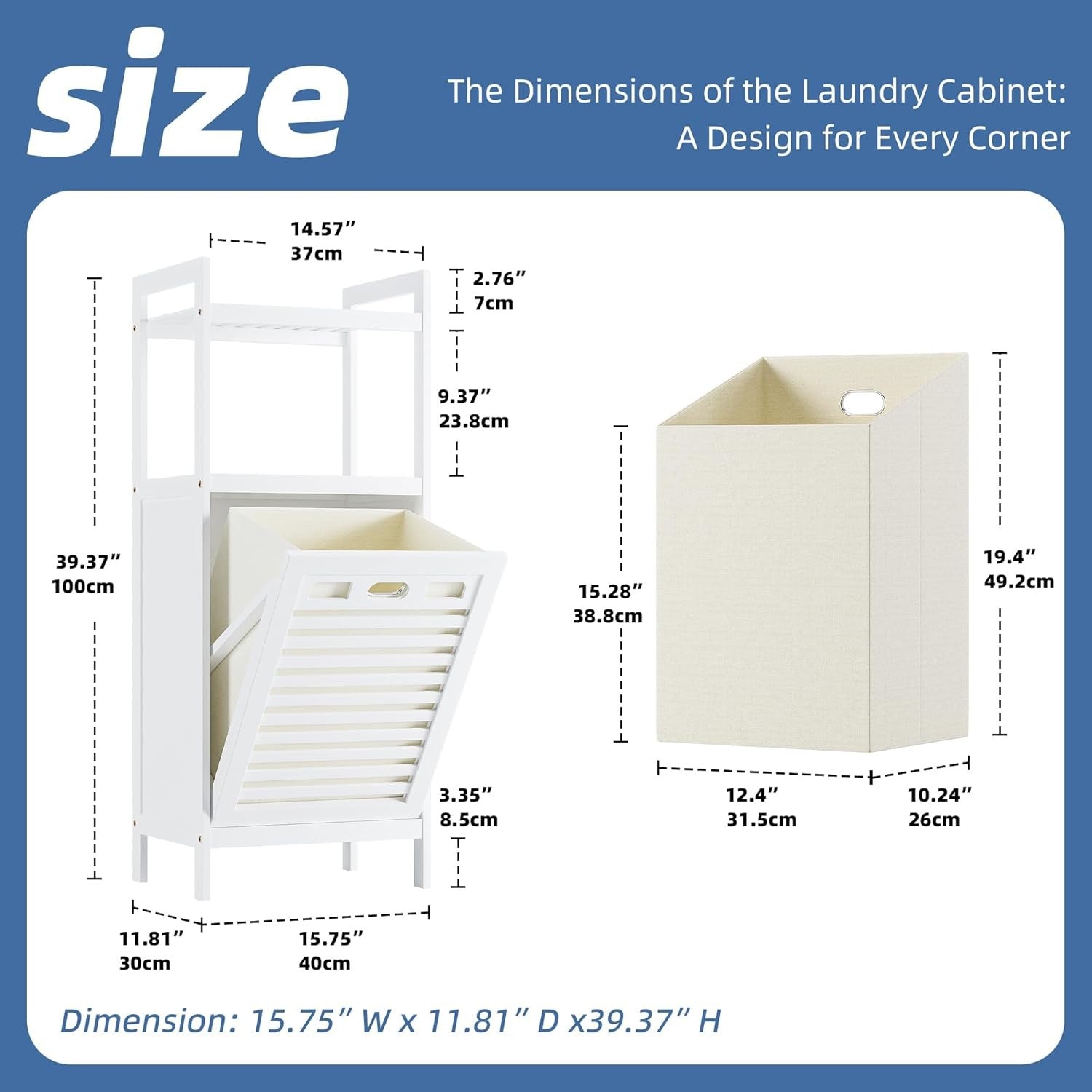 White Bamboo Tilt-Out Laundry Hamper with Shelves, Foldable Bag | 30×40×100cm