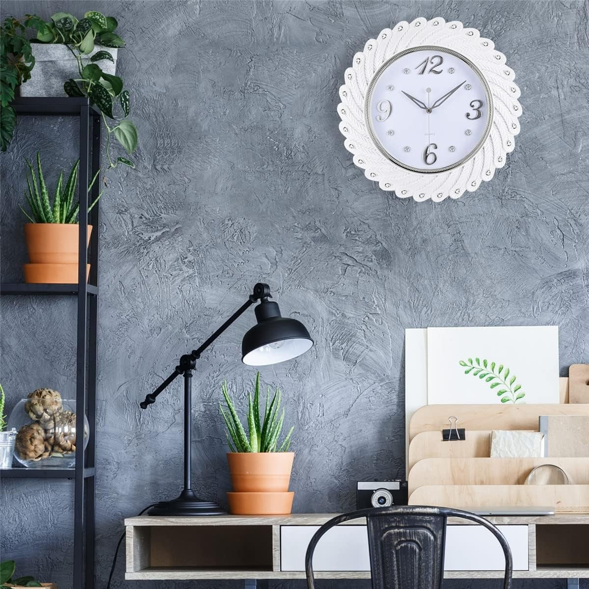 Large White Peacock Feather Wall Clock 43cm Silent Elegant Home Decor