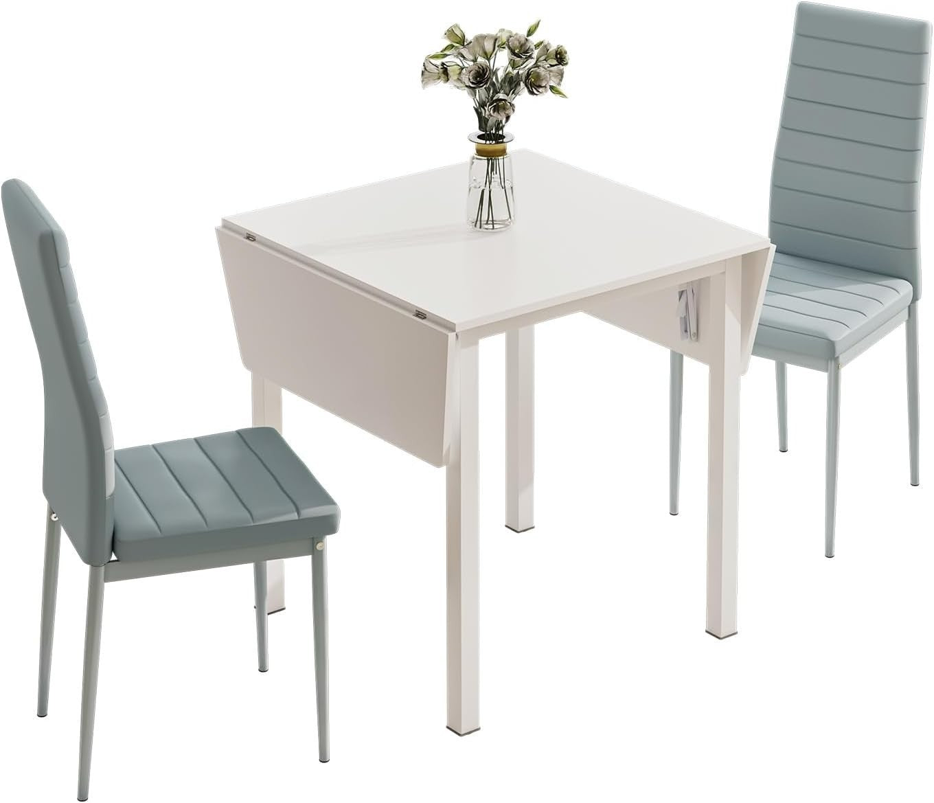 Space-Saving White Dining Table & 2 Chairs Set with PU Leather Grey Seats