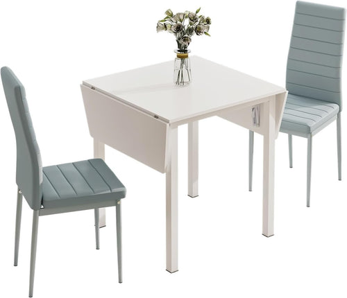 Space-Saving White Dining Table & 2 Chairs Set with PU Leather Grey Seats