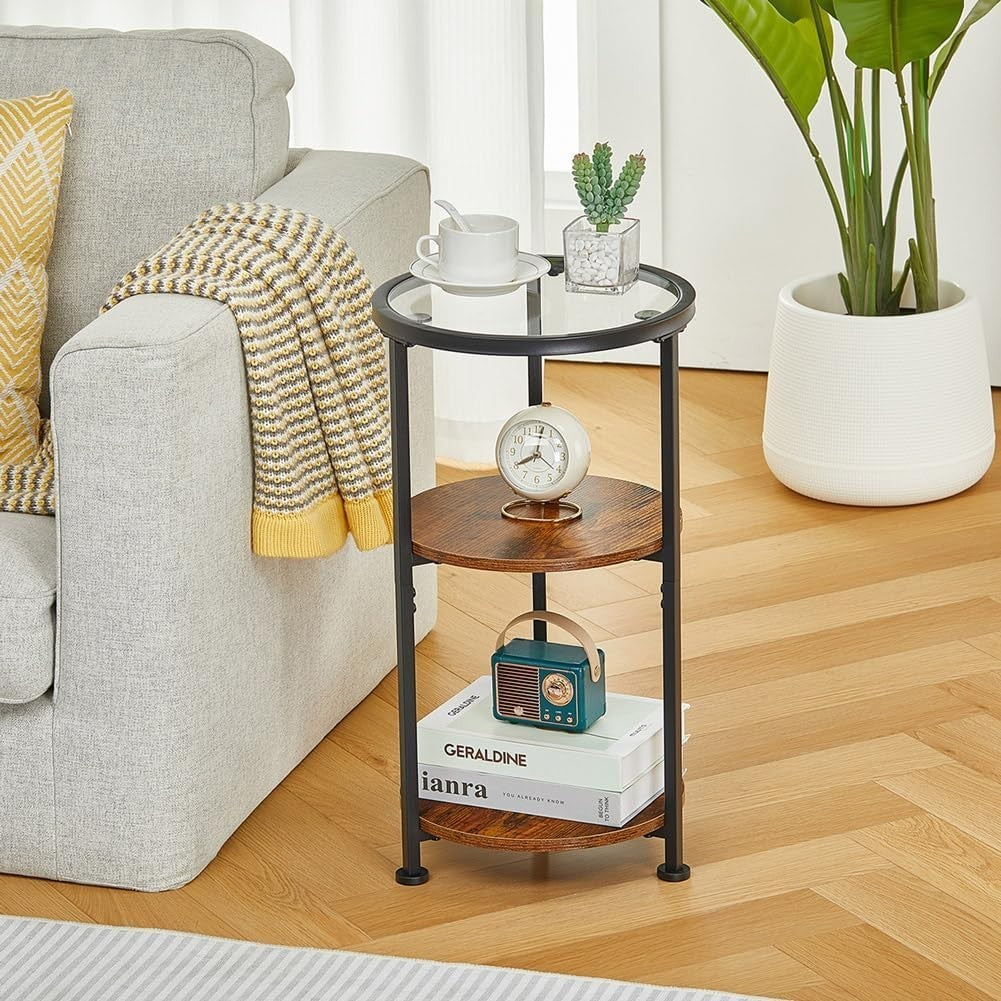 Modern Rustic Brown Round Side Table with Tempered Glass & 3-Tier Storage