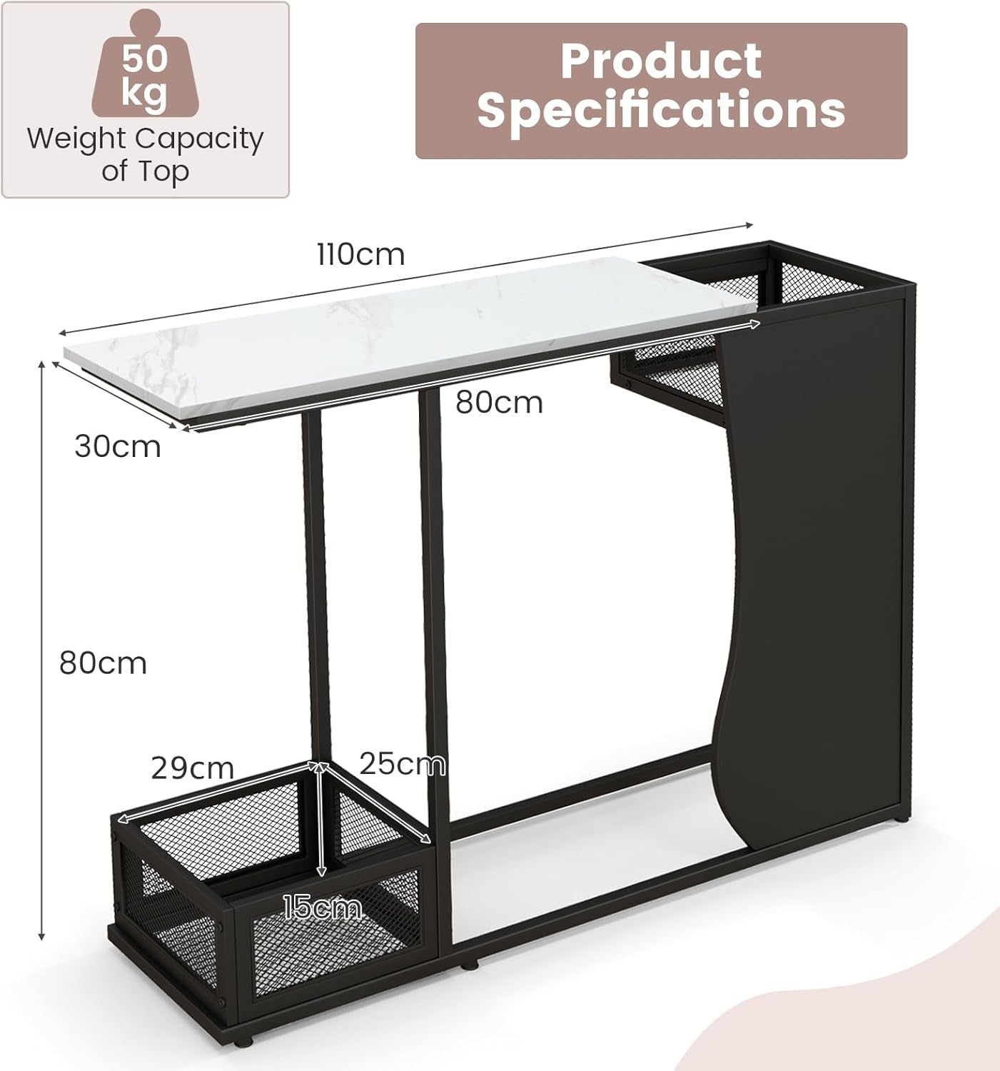Modern Faux Marble Console Table with Storage Mesh Cubes, Slim Design