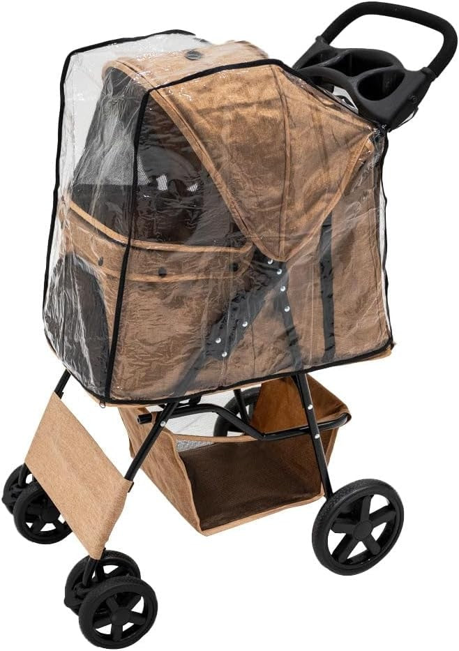 Beige Pet Stroller Pushchair with Navy Caddy Bag Foldable 15kg Travel