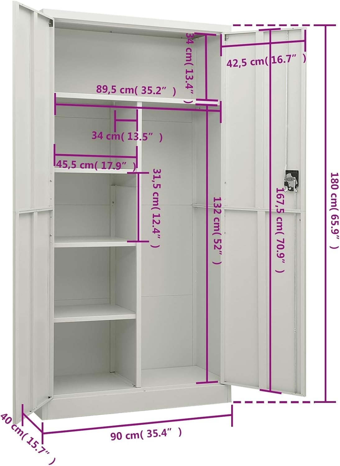 Metal Storage Cabinet with Lock, 4 Shelves, 2 Doors, 90x40x180cm Steel