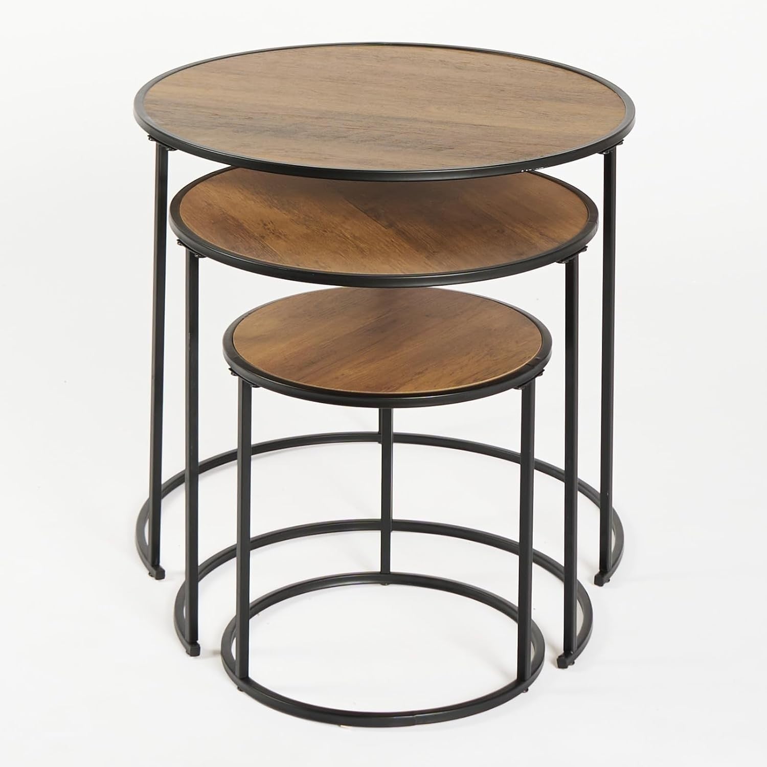Nest of Tables Set 3 Modern Coffee Side End Table Wood Top Metal Frame Black