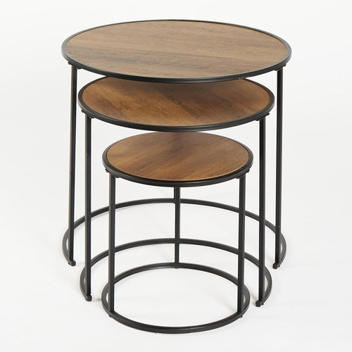 Nest of Tables Set 3 Modern Coffee Side End Table Wood Top Metal Frame Black
