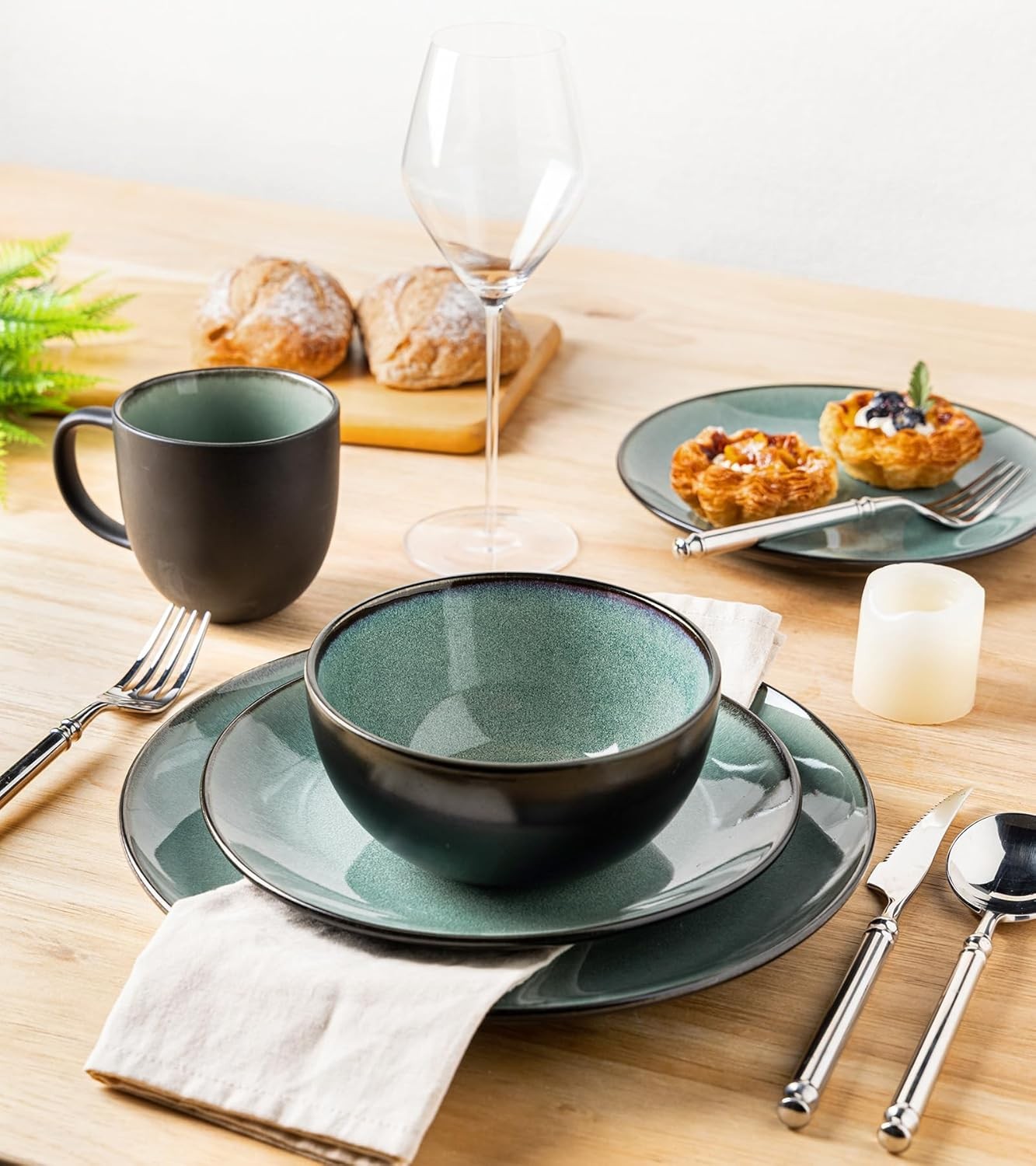 12pc Stoneware Dinner Set for 4 Plates Bowls Scratch Resistant Dishwasher Safe