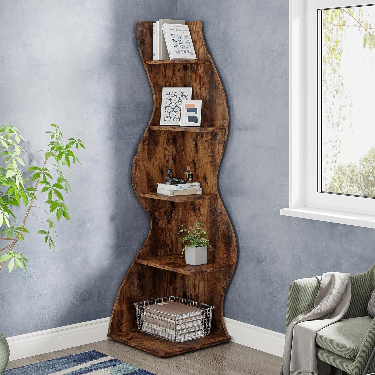 Rustic 5-Tier Wavy Corner Bookshelf | Stylish Slim Space-Saving Display Rack