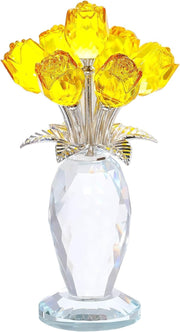 Yellow Crystal Rose Bouquet Ornament Glass Flower Figurine Gift for Mum Wife