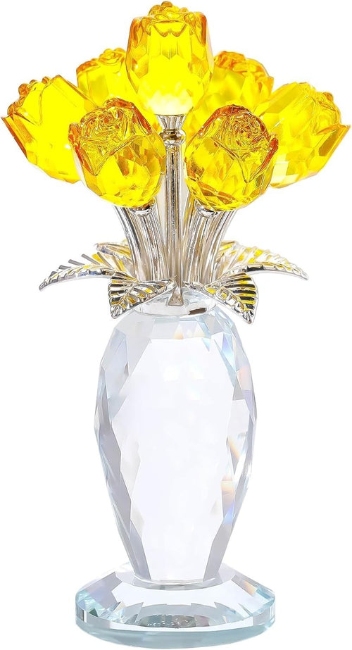 Yellow Crystal Rose Bouquet Ornament Glass Flower Figurine Gift for Mum Wife