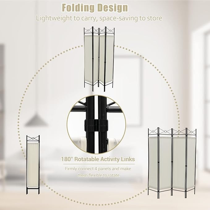 White 4 Panel Folding Room Divider – Privacy Screen with Detachable Fabric Panel