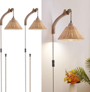 Boho Wall Light Plug In Rattan Sconce with Cord, Adjustable Farmhouse Lamp