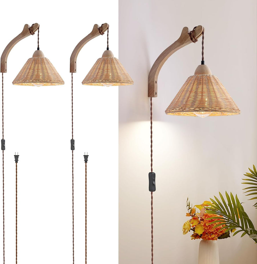 Boho Wall Light Plug In Rattan Sconce with Cord, Adjustable Farmhouse Lamp