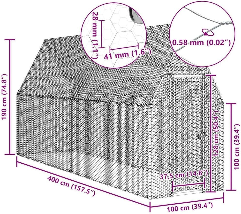 Large Galvanised Steel Chicken Coop Run 4x1x1.9m