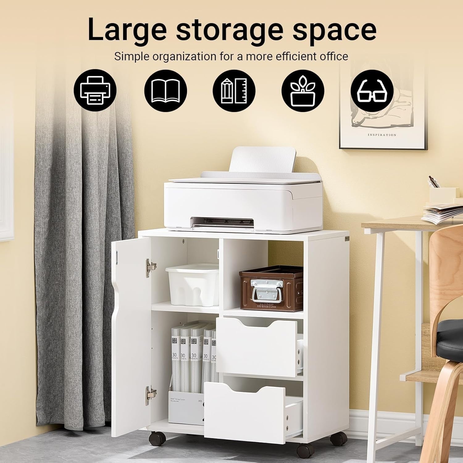 White Mobile Printer Cabinet 2 Drawer 1 Door Under Desk Storage