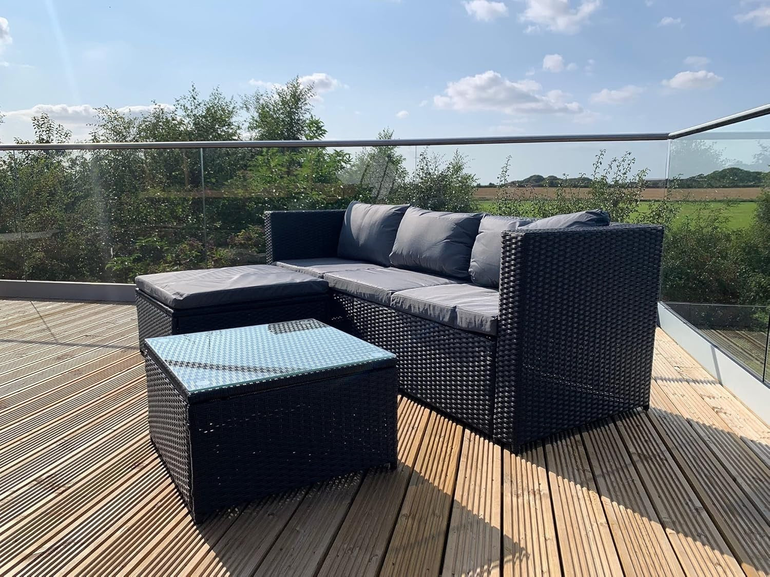 Outdoor Black Rattan Garden Sofa Set 4-Piece L-Shape Lounge Patio Modular