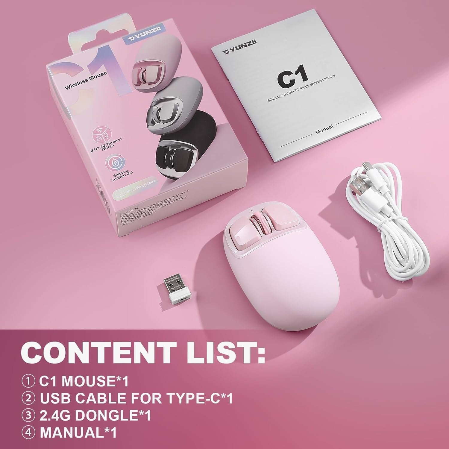4800 DPI Wireless Mouse Bluetooth 2.4G USB-C Programmable Pink