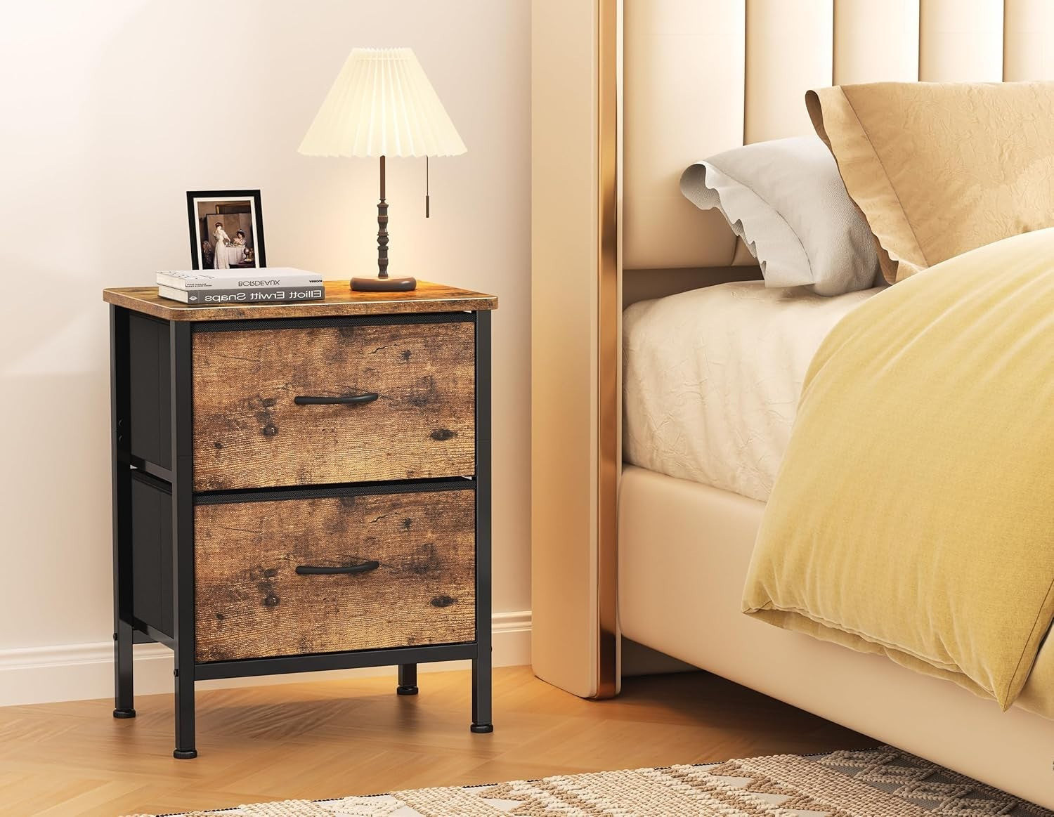Set of 2 Rustic Brown Bedside Tables with Metal Frame & Fabric Drawers