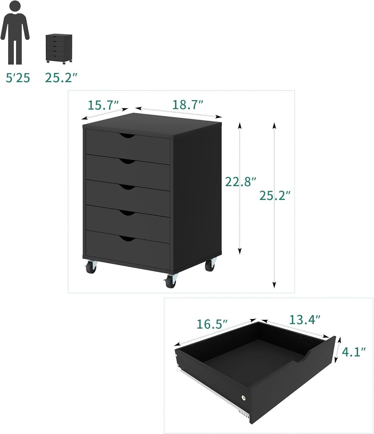 Black Rolling 5 Drawer File Cabinet Under Desk Office Storage Chest