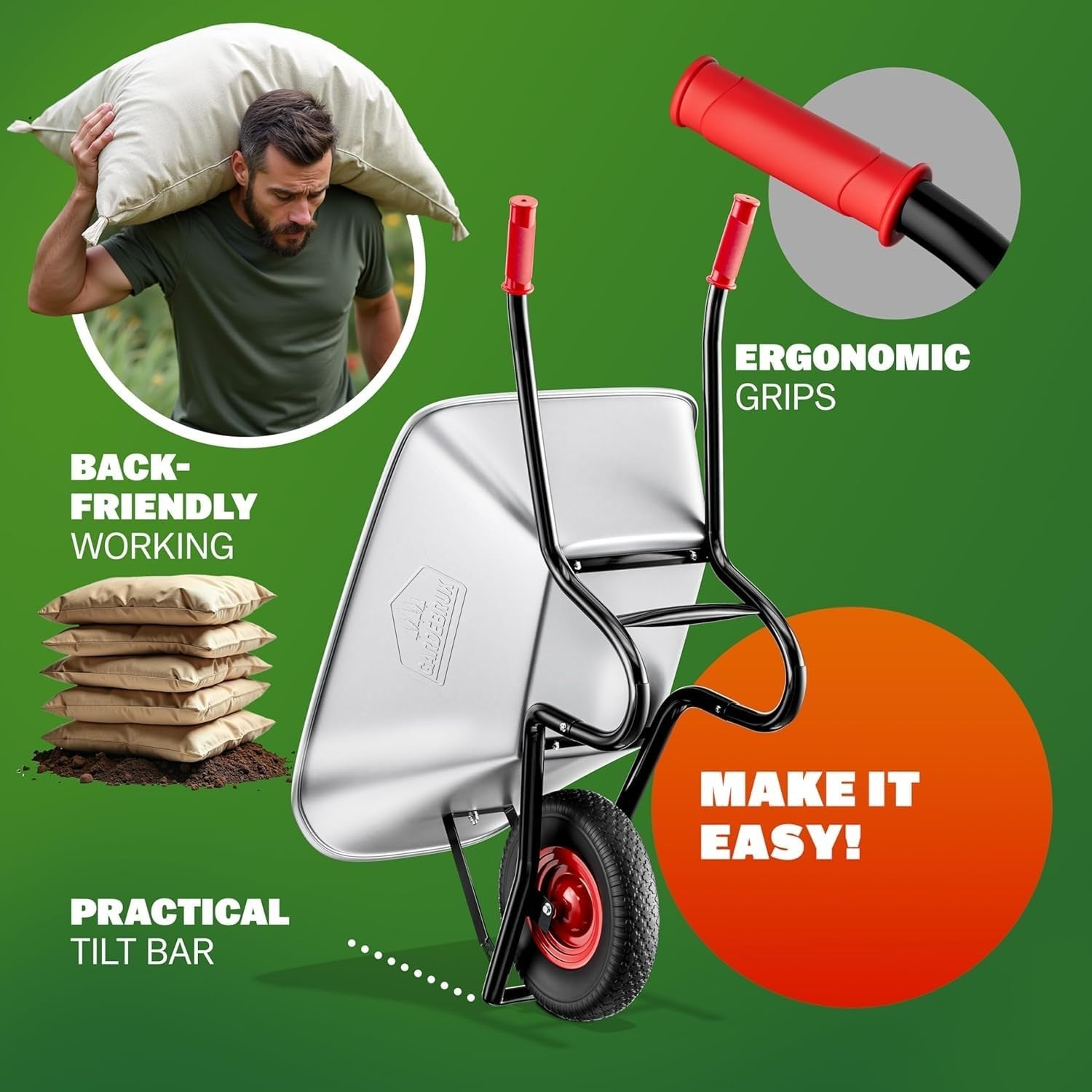 100L Wheelbarrow Silver – Galvanised Steel w/ Pneumatic Tyre Heavy Duty 250kg